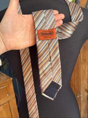 Missoni Orange, Blue & Brown Diagonal Stripe Silk Tie